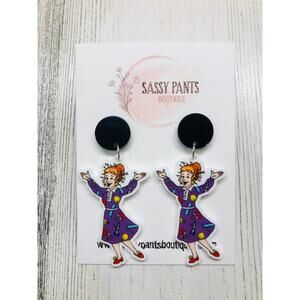 Mrs. Frizzle Purple Dress Magic School Bus Earrings NEW